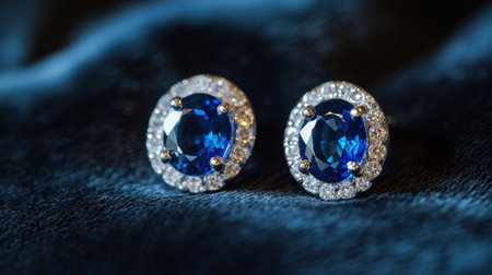 Stunning blue sapphire earrings surrounded by sparkling diamonds set against a rich blue fabric background, ideal for showcasing luxury and elegance.の素材