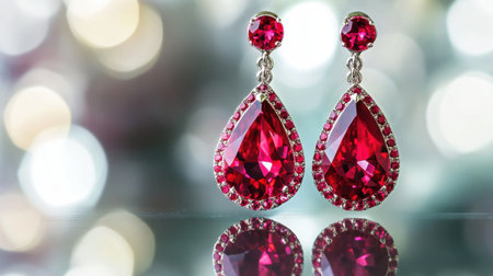 Stunning red tear drop earrings with intricate details and sparkling stones set against a soft bokeh background. Ideal for showcasing elegance and luxury.の素材