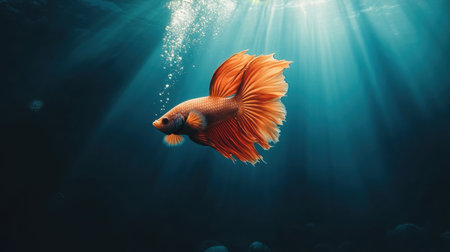 A stunning depiction of a goldfish swimming gracefully in an ocean environment, illuminated by soft sunlight rays filtering through water, showcasing its vibrant colors and fluid motion.の素材