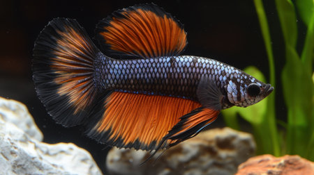 This stunning Siamese fighting fish displays brilliant orange fins against a natural aquarium backdrop, showcasing the beauty of freshwater aquatic life.の素材