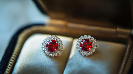 Exquisite red ruby earrings featuring intricate diamond accents, displayed elegantly in a luxurious jewelry box, ideal for special occasions and gifts.の素材