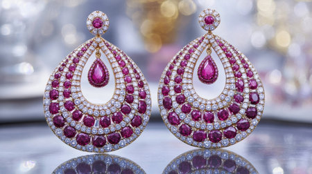 Stunning ruby and diamond earrings featuring an intricate design, perfect for any occasion. Ideal for jewelry promotion, fashion collection, or special gifts.の素材