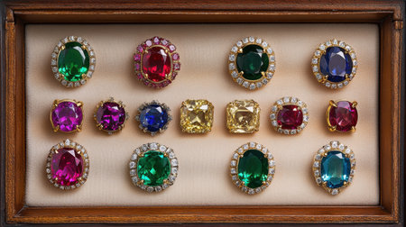 A stunning assortment of colorful gemstone rings showcased in an elegant jewelry box. Each piece features unique designs, exquisite craftsmanship, and vibrant colors.の素材
