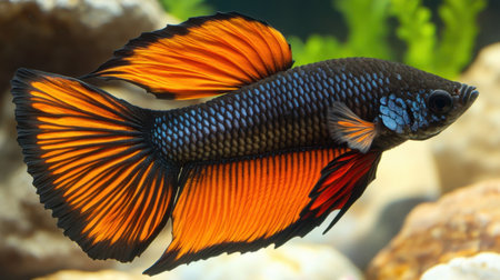 A stunning Siamese fighting fish showcases its vivid orange and black fins while swimming gracefully through a lush aquarium setting. The intricate details of the scales create a mesmerizing display, highlighting the fish's dynamic movement and vibrant colors.の素材