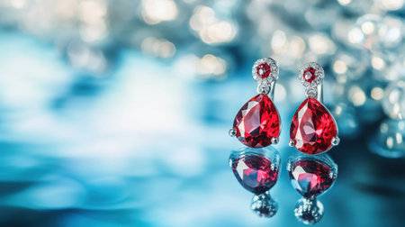 A stunning pair of elegant red gemstone earrings is displayed beautifully against a soft blue background, capturing exquisite details and reflections.の素材