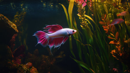 This stunning image captures a vibrant betta fish gracefully swimming through a lush underwater scene filled with colorful aquatic plants, creating a tranquil ambiance.の素材