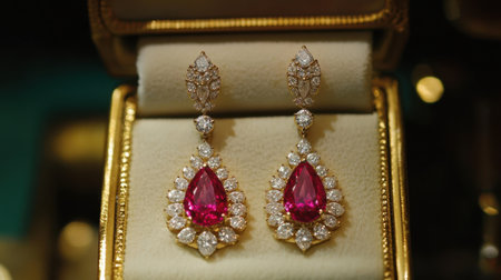Capture the allure of luxury with these exquisite earrings featuring vibrant pink gemstones, surrounded by sparkling diamonds in an elegant jewelry display.の素材