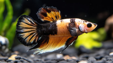 This stunning image showcases a vibrant betta fish displaying its unique coloration and grace while swimming through its aquatic environment, emphasizing its beauty and elegance in a freshwater habitat.の素材