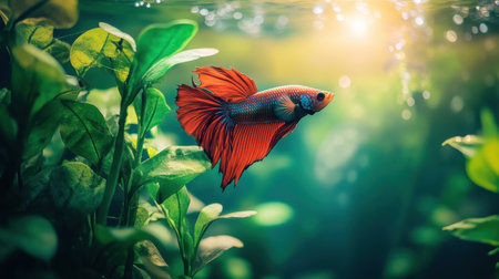 A vibrant betta fish gracefully swims through lush aquatic plants, illuminated by soft shafts of light, creating a tranquil underwater scene.の素材