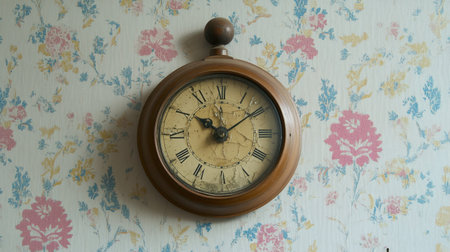 A vintage wooden clock with Roman numerals, hanging on floral wallpaper, evokes a nostalgic charm. The design blends beautifully with classic decor themes.の素材