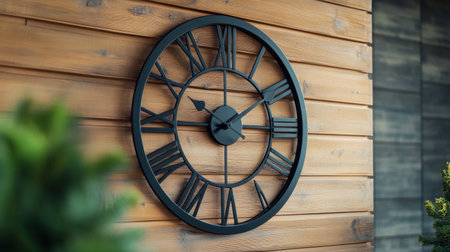 This elegant black wall clock features a minimalist design with Roman numerals, showcasing a timeless piece against a rustic wooden backdrop, perfect for enhancing home decor.の素材