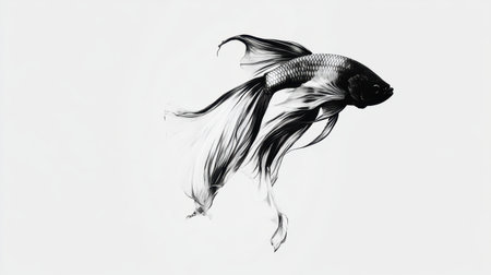This captivating black and white illustration features a graceful goldfish with delicate flowing fins, capturing the elegance and beauty of aquatic life.の素材