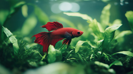 A captivating image of a vibrant red betta fish swimming gracefully among lush aquatic plants, showcasing the tranquility of a freshwater aquarium habitat.の素材