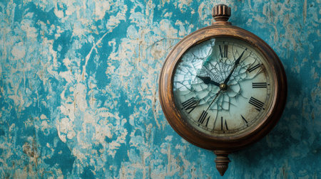 A striking vintage wall clock features a cracked glass face, set against a textured blue background, capturing themes of time, nostalgia, and decay.の素材