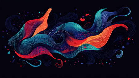 This stunning abstract artwork features a vibrant wave pattern with flowing lines in red, blue, and purple, creating a sense of motion and energy.の素材