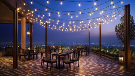 An inviting rooftop restaurant scene showcasing rustic wooden furniture under charming twinkling lights, offering a serene city view at dusk. Perfect for romantic dinners or social gatherings.の素材