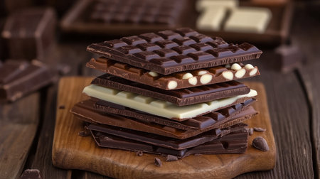 A tempting arrangement of various chocolate bars stacked on a rustic wooden board, showcasing rich textures and colors, perfect for dessert lovers.の素材
