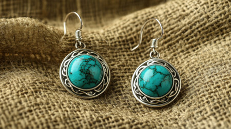 Stunning silver earrings featuring a vibrant turquoise stone, displayed on a rustic linen background, perfect for fashion and jewelry enthusiasts.の素材