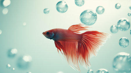 A stunning betta fish with vibrant red fins gracefully swims among floating bubbles in a serene underwater scene, capturing the essence of beauty and tranquility.の素材
