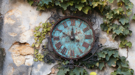 A vintage clock rests against a weathered wall, surrounded by lush ivy, evoking a sense of timeless elegance and natural beauty in a rustic environment.の素材