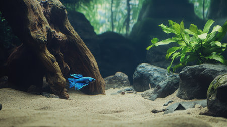 A captivating image showcasing a vibrant blue betta fish gracefully swimming in a serene underwater environment, surrounded by lush green plants and natural stones.の素材