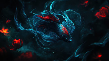 A stunning illustration of a betta fish gliding gracefully through a dark, dreamy atmosphere filled with ethereal roses and flowing smoke.の素材