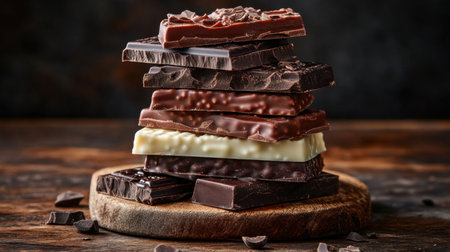 A visually appealing stack of assorted chocolate pieces artfully arranged on a rustic wooden surface, offering an enticing view for dessert lovers or culinary enthusiasts.の素材