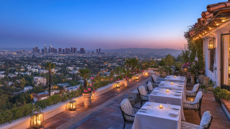 Experience an enchanting outdoor dining setup under the twilight sky, offering breathtaking views of the Los Angeles skyline, ideal for luxurious evenings.の素材