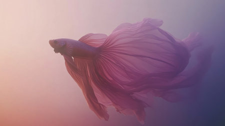 A stunning betta fish glides gracefully through soft, ethereal waters, showcasing its flowing fins and vibrant colors in a tranquil aquatic scene.の素材