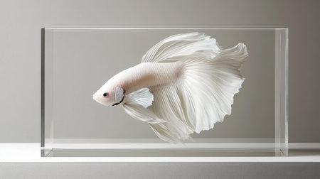 This stunning image features an elegant white betta fish swimming gracefully in a transparent aquarium. Its flowing fins create a serene and artistic display, perfect for decor.の素材