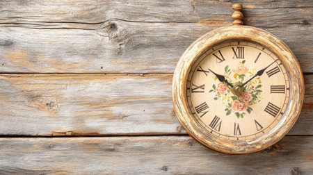 This vintage wall clock features a delicate floral design on a rustic wooden background. Ideal for home decor, it adds a touch of elegance and charm.の素材