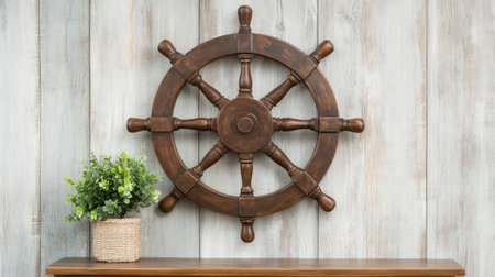A beautifully crafted rustic wooden ship wheel adorns a gray wall, complemented by a potted green plant on a wooden shelf, adding charm to any space.の素材