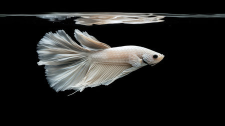 A stunning image of a white betta fish showcasing its unique fins and graceful movements in an aquarium. The serene dark background enhances its beauty.の素材