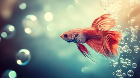 A striking image of a betta fish gracefully swimming through an aquarium, surrounded by shimmering air bubbles and a soft light effect, showcasing its vivid colors.の素材