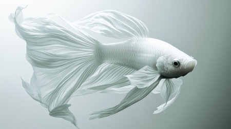 An elegant white betta fish glides through a soft, dreamy background, capturing the essence of aquatic beauty and tranquility in stunning detail.の素材