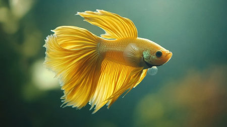 A breathtaking image of a golden betta fish gracefully swimming in an aquarium setting. The vibrant colors and flowing fins create a serene and captivating underwater scene.の素材