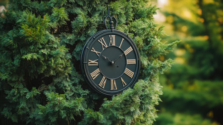 An antique wall clock hangs gracefully amidst lush greenery, capturing the essence of time in a tranquil natural setting, symbolizing harmony and elegance.の素材