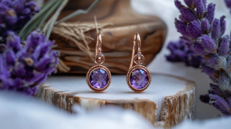 Discover the beauty of these delicate rose gold earrings featuring amethyst gemstones. Perfectly set against natural wood and lavender, they embody elegance.の素材