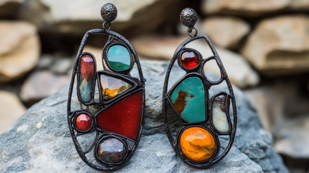 This image showcases elegant handmade earrings featuring an array of colorful gemstones set in a unique metal design, displayed against a backdrop of natural stones.の素材