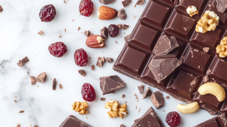 A visually appealing showcase of a dark chocolate bar surrounded by various nuts and dried fruits on a chic marble background, perfect for food lovers.の素材