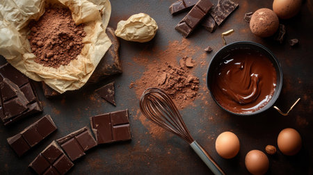 A captivating arrangement of chocolate ingredients, featuring dark chocolate, cocoa powder, fresh eggs, and a whisk, ideal for dessert preparation and baking.の素材