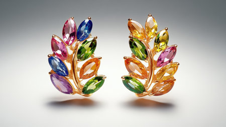 Stunning leaf-shaped earrings adorned with a variety of sparkling gemstones in vibrant colors, perfect for adding a touch of elegance to any outfit.の素材