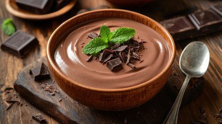 This decadent chocolate mousse showcases a smooth and rich texture topped with fresh mint and chocolate shavings, perfect for dessert lovers.の素材