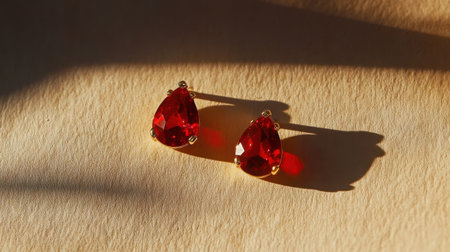 Stunning teardrop red earrings feature exquisite golden settings, beautifully illuminated by natural light, casting captivating shadows, ideal for fashion enthusiasts.の素材
