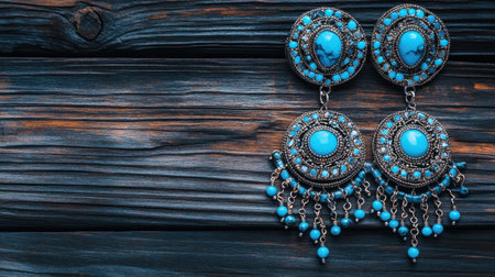 This stunning image showcases elegant vintage earrings featuring turquoise stones and intricate metalwork, set against a rich wooden background, perfect for fashion enthusiasts.の素材