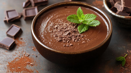 A delectable serving of chocolate mousse topped with fresh mint and dark chocolate shavings, perfect for dessert lovers seeking a gourmet experience.の素材