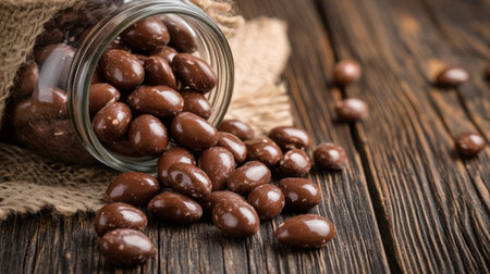 A stunning image of milk chocolate coated nuts pouring from a glass jar onto a rustic wooden background. Ideal for food-related themes and sweet treats.の素材