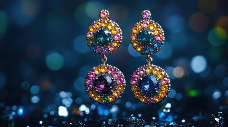 This image showcases a pair of stunning earrings featuring an array of colorful crystals that radiate elegance. The intricate design and vibrant hues make it perfect for jewelry enthusiasts.の素材