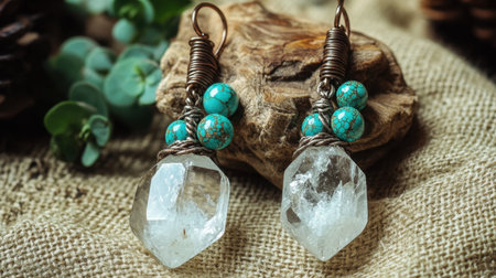Exquisite handmade earrings featuring a natural crystal and turquoise beads, set against a rustic wooden backdrop, perfect for unique jewelry lovers.の素材