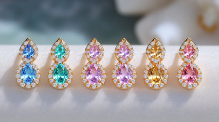 A stunning collection of elegant teardrop earrings featuring vibrant gemstones and sparkling accents, perfect for making a fashionable statement.の素材
